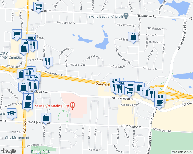 map of restaurants, bars, coffee shops, grocery stores, and more near 216 Northeast Cedar Court in Blue Springs