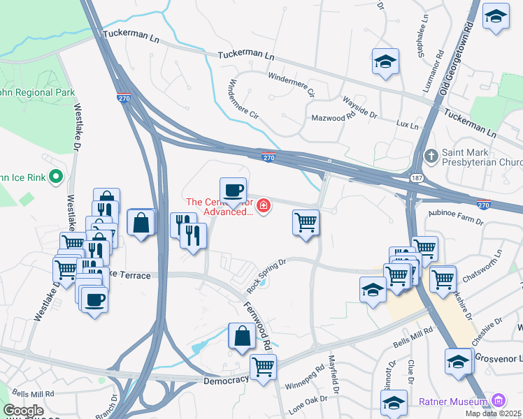 map of restaurants, bars, coffee shops, grocery stores, and more near 6710 Rockledge Drive in Bethesda