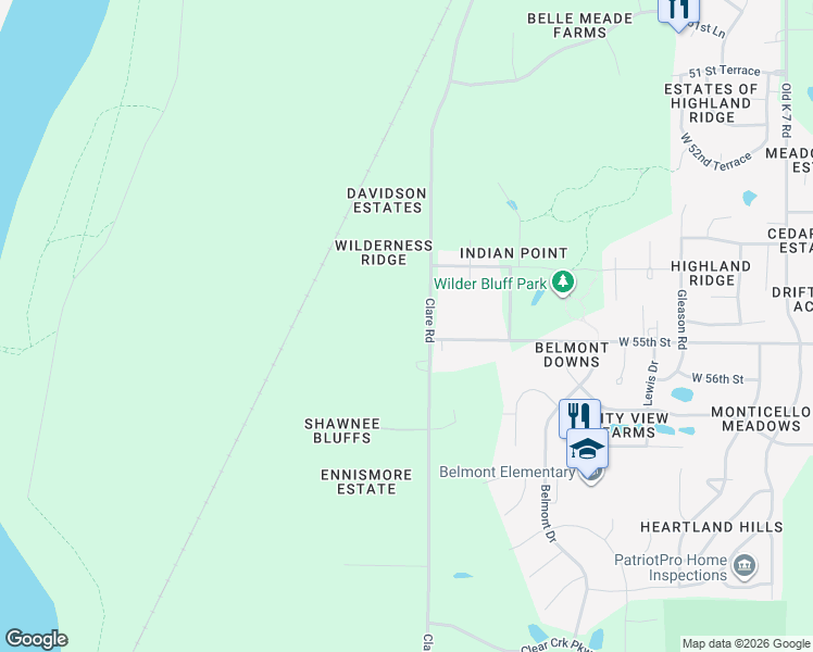 map of restaurants, bars, coffee shops, grocery stores, and more near 5400 Clare Road in Shawnee