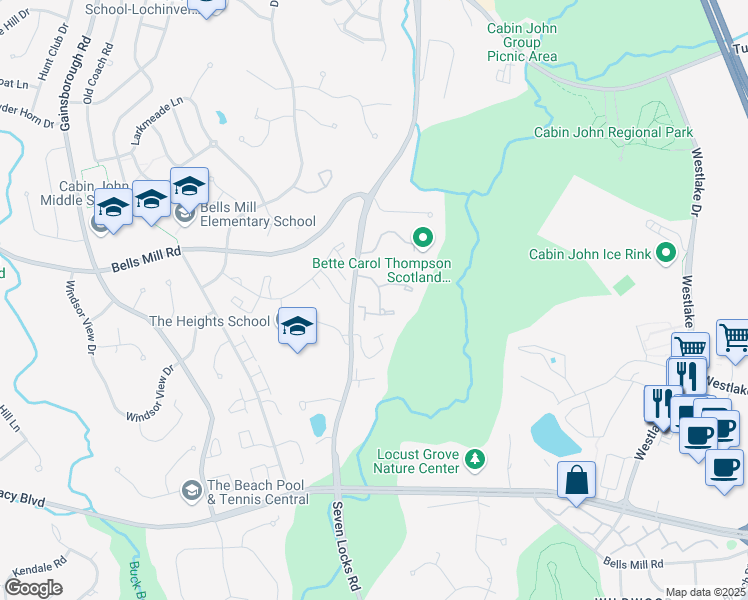 map of restaurants, bars, coffee shops, grocery stores, and more near 10666 Muirfield Dr in Potomac