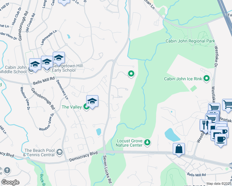 map of restaurants, bars, coffee shops, grocery stores, and more near 10666 Muirfield Dr in Potomac
