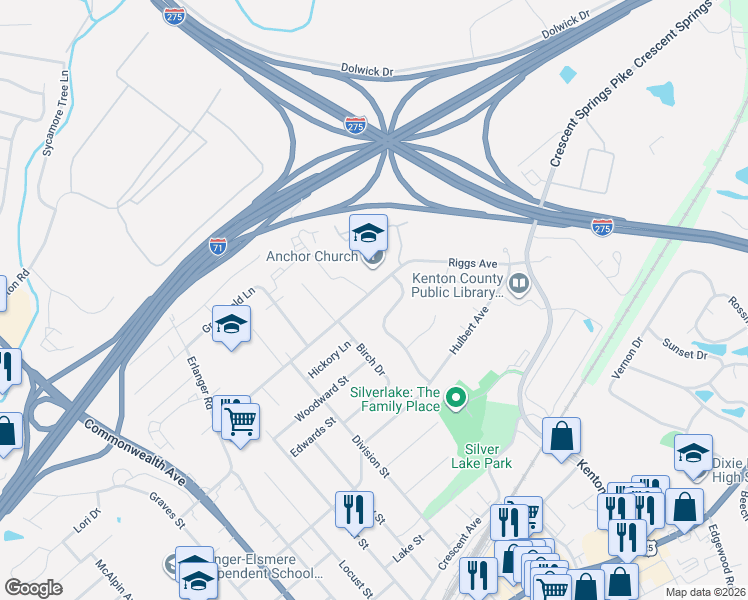 map of restaurants, bars, coffee shops, grocery stores, and more near 3127 Riggs Road in Erlanger