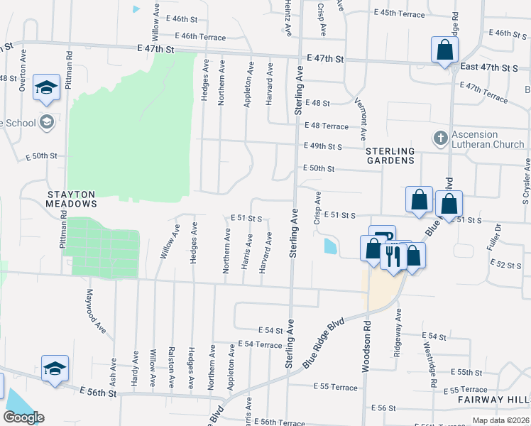 map of restaurants, bars, coffee shops, grocery stores, and more near 11001 East 50th Terrace in Kansas City
