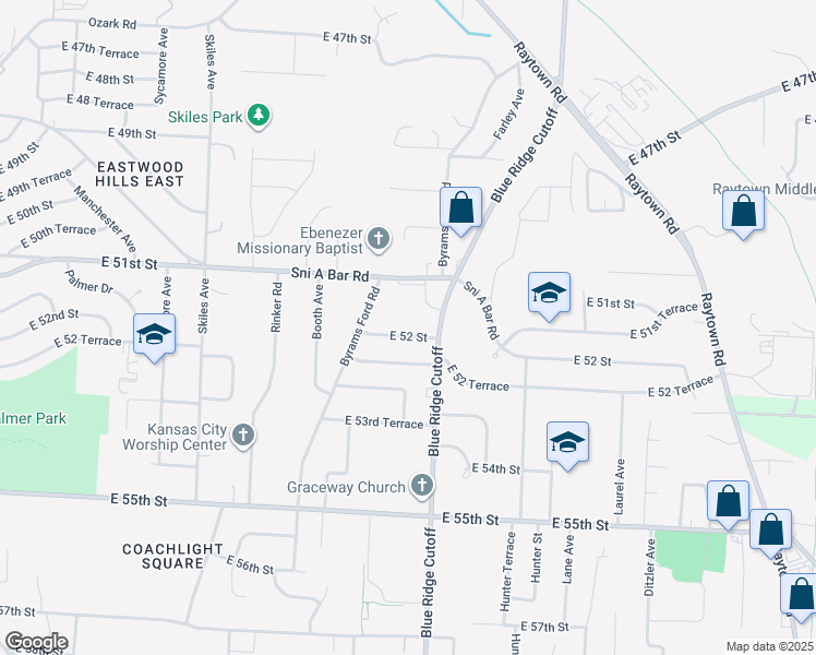 map of restaurants, bars, coffee shops, grocery stores, and more near 8705 Sni a Bar Road in Kansas City