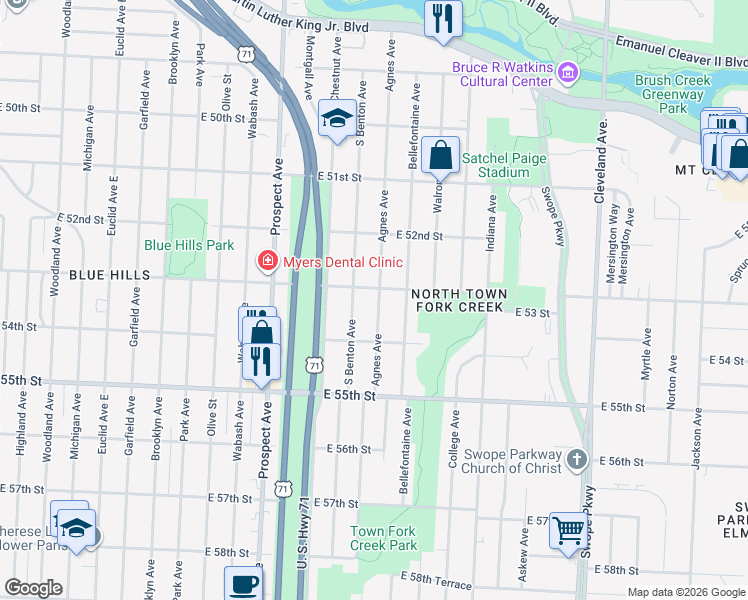 map of restaurants, bars, coffee shops, grocery stores, and more near 2905 East 53rd Street in Kansas City