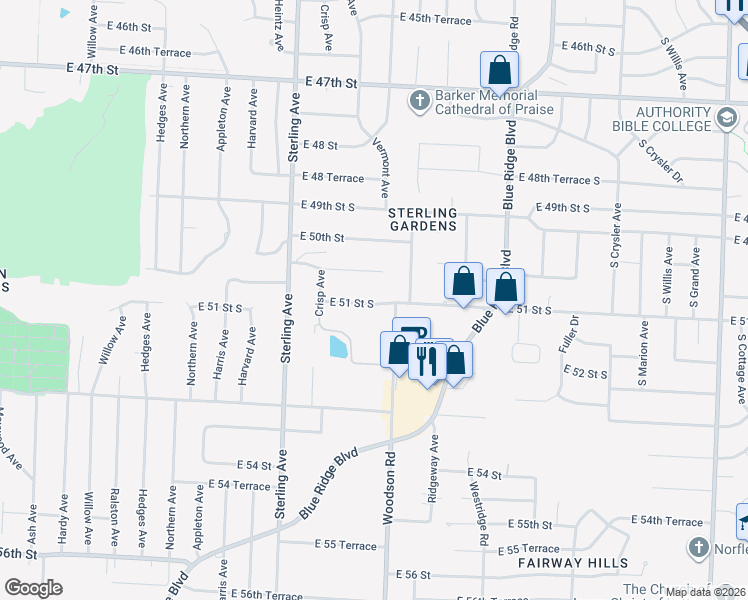 map of restaurants, bars, coffee shops, grocery stores, and more near 11311 East 50th Terrace in Kansas City