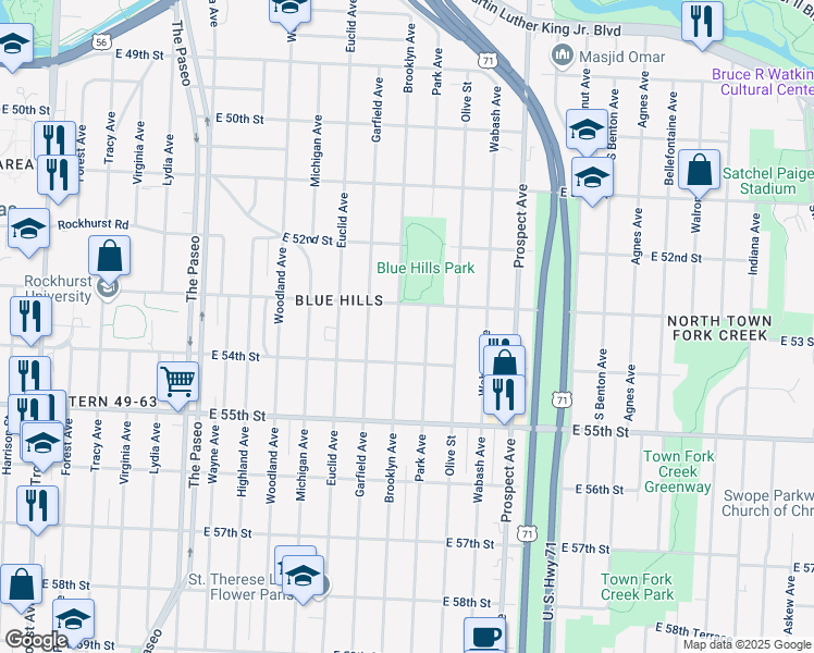 map of restaurants, bars, coffee shops, grocery stores, and more near 5306 Brooklyn Avenue in Kansas City