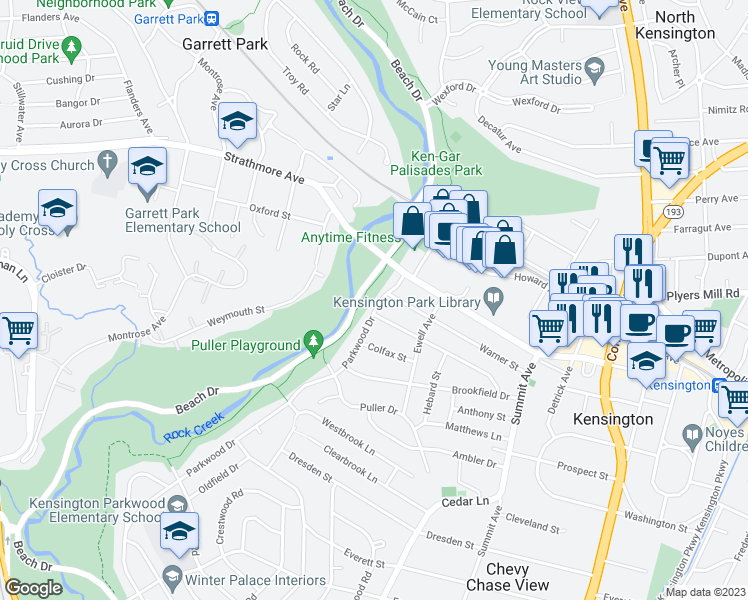 map of restaurants, bars, coffee shops, grocery stores, and more near 10608 Parkwood Drive in Kensington