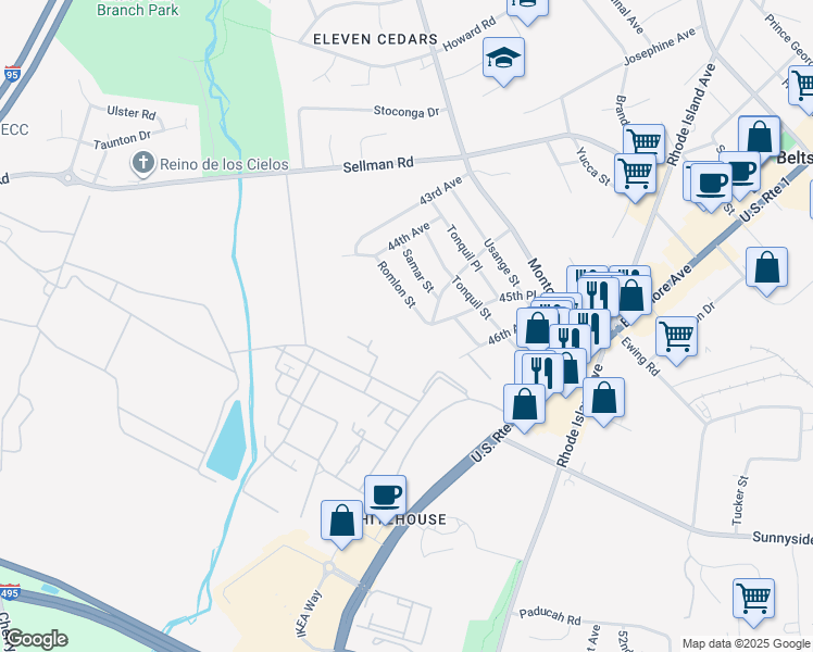 map of restaurants, bars, coffee shops, grocery stores, and more near 4423 Romlon Street in Beltsville