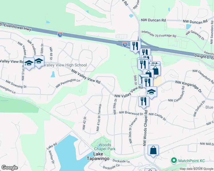 map of restaurants, bars, coffee shops, grocery stores, and more near 4020 Northwest Delwood Court in Blue Springs