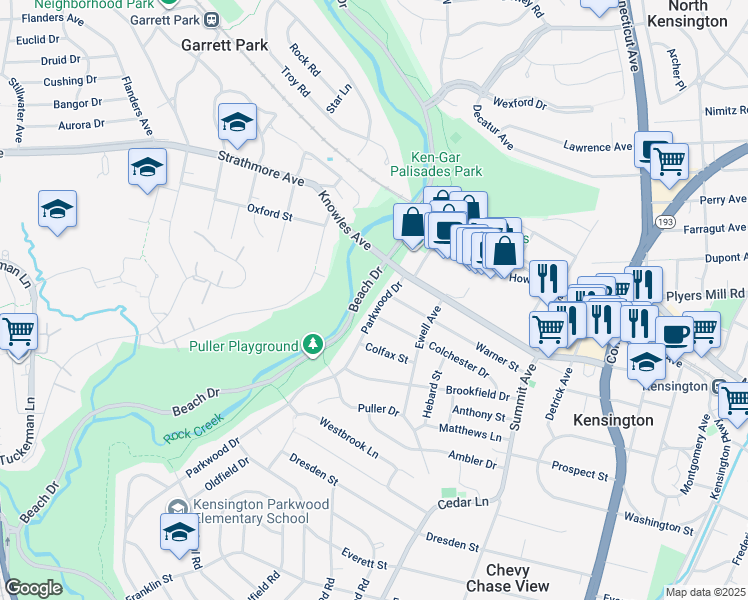 map of restaurants, bars, coffee shops, grocery stores, and more near 10608 Parkwood Drive in Kensington