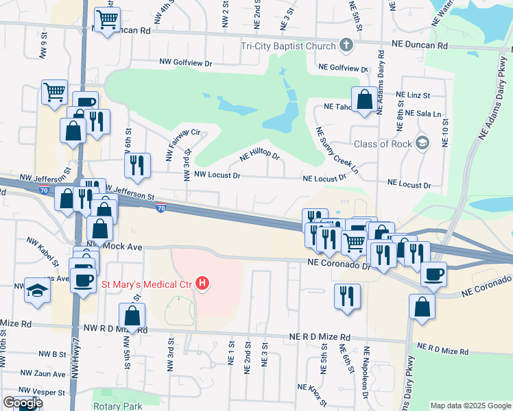 map of restaurants, bars, coffee shops, grocery stores, and more near 219 Northeast Cedar Court in Blue Springs