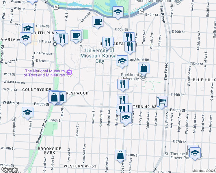 map of restaurants, bars, coffee shops, grocery stores, and more near 5326 Rockhill Road in Kansas City