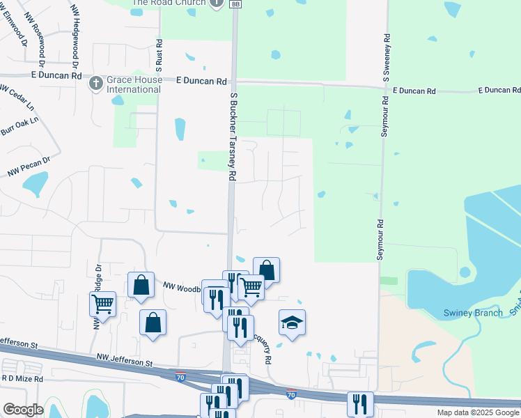 map of restaurants, bars, coffee shops, grocery stores, and more near 1402 Northeast Mary Court in Grain Valley