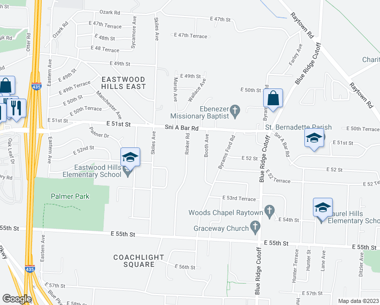 map of restaurants, bars, coffee shops, grocery stores, and more near 5119 Rinker Road in Kansas City