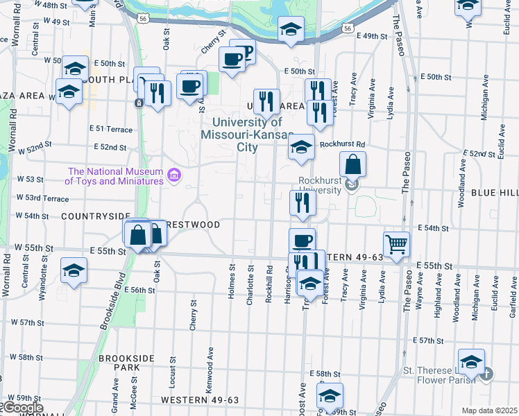 map of restaurants, bars, coffee shops, grocery stores, and more near 5326 Rockhill Road in Kansas City