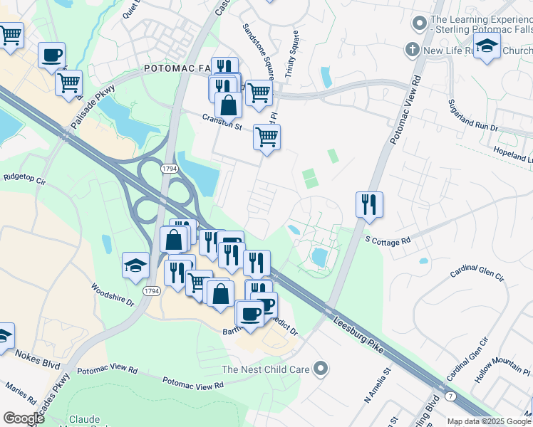 map of restaurants, bars, coffee shops, grocery stores, and more near 46383 Pryor Square in Potomac Falls