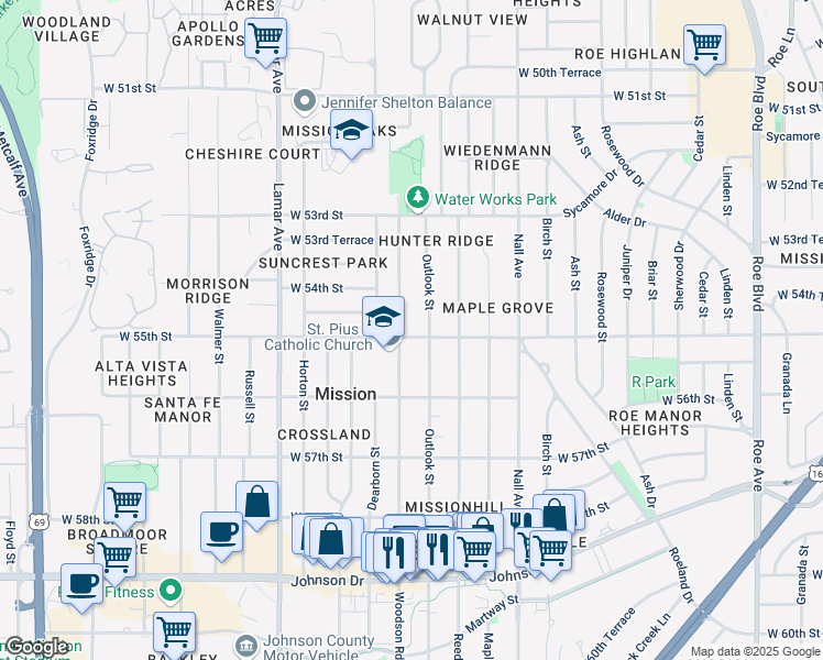 map of restaurants, bars, coffee shops, grocery stores, and more near 5436 Outlook Street in Mission