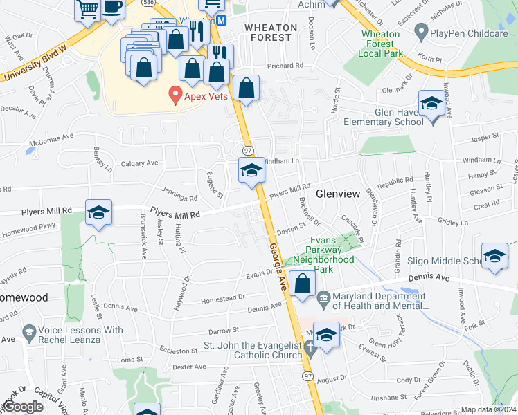 map of restaurants, bars, coffee shops, grocery stores, and more near 2300 Plyers Mill Road in Silver Spring
