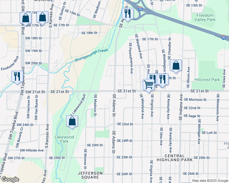 map of restaurants, bars, coffee shops, grocery stores, and more near SE Adams St & SE 21st St in Topeka