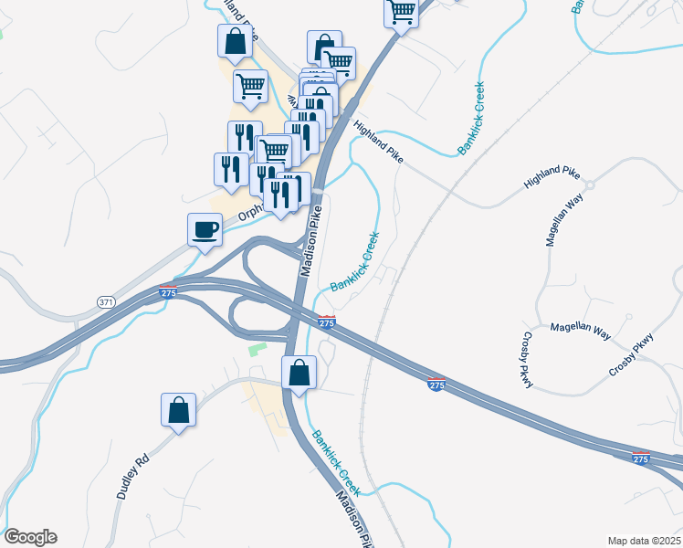 map of restaurants, bars, coffee shops, grocery stores, and more near 1045 Eaton Drive in Fort Wright