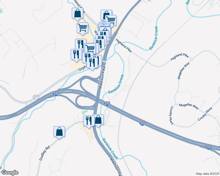 map of restaurants, bars, coffee shops, grocery stores, and more near 1045 Eaton Drive in Fort Wright