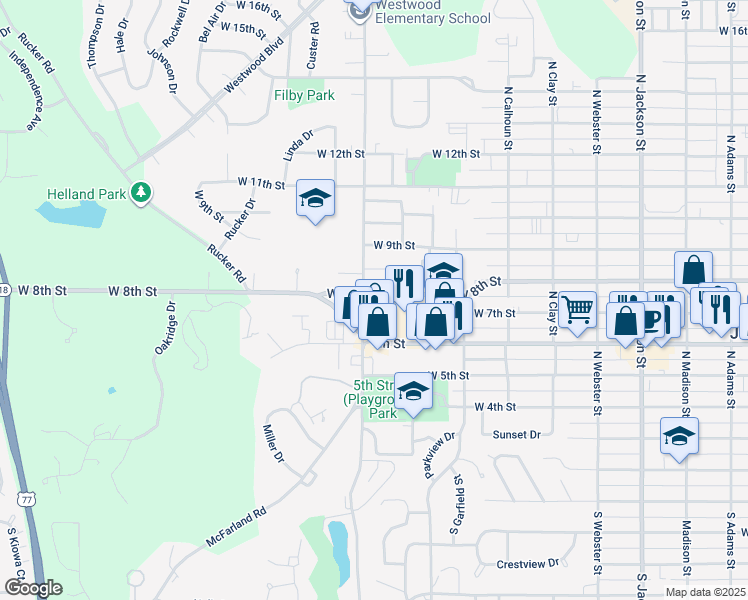 map of restaurants, bars, coffee shops, grocery stores, and more near 1031 West 8th Street in Junction City