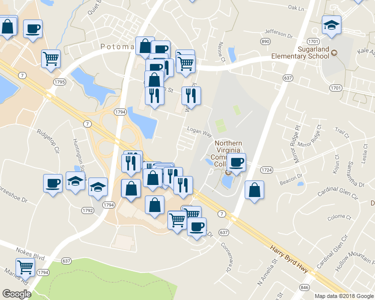 map of restaurants, bars, coffee shops, grocery stores, and more near 46383 Pryor Square in Potomac Falls