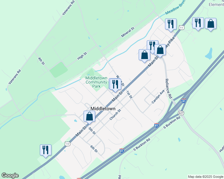 map of restaurants, bars, coffee shops, grocery stores, and more near 7844 Senseney Avenue in Middletown