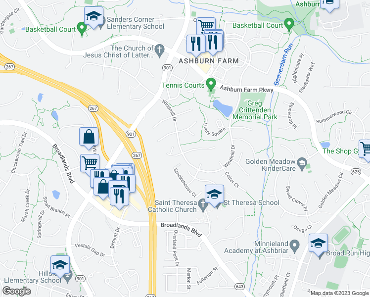 map of restaurants, bars, coffee shops, grocery stores, and more near 43306 Butterfield Court in Ashburn
