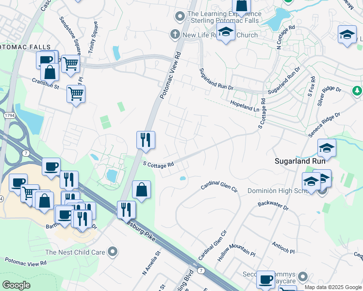 map of restaurants, bars, coffee shops, grocery stores, and more near 46637 Spectrum Way in Sterling