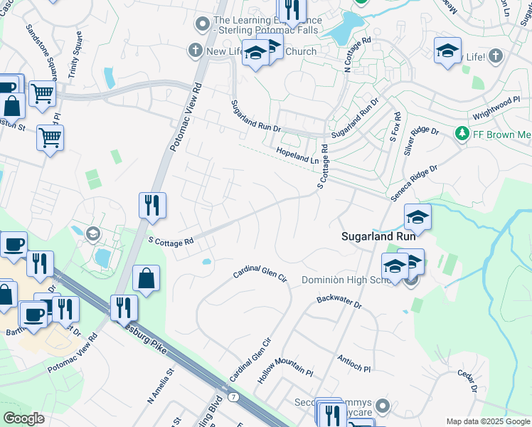 map of restaurants, bars, coffee shops, grocery stores, and more near 73 South Cottage Road in Sterling