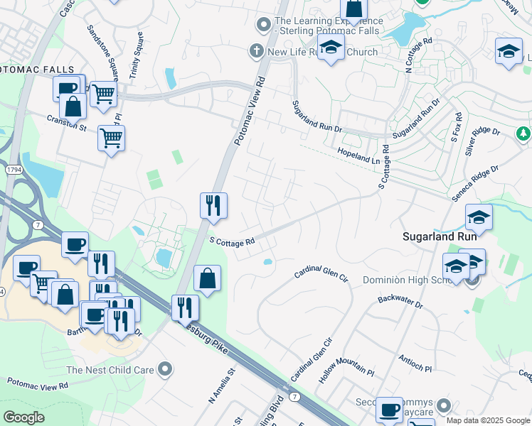 map of restaurants, bars, coffee shops, grocery stores, and more near 46637 Spectrum Way in Sterling