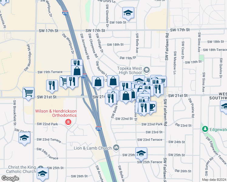 map of restaurants, bars, coffee shops, grocery stores, and more near 5700 Southwest 21st Street in Topeka