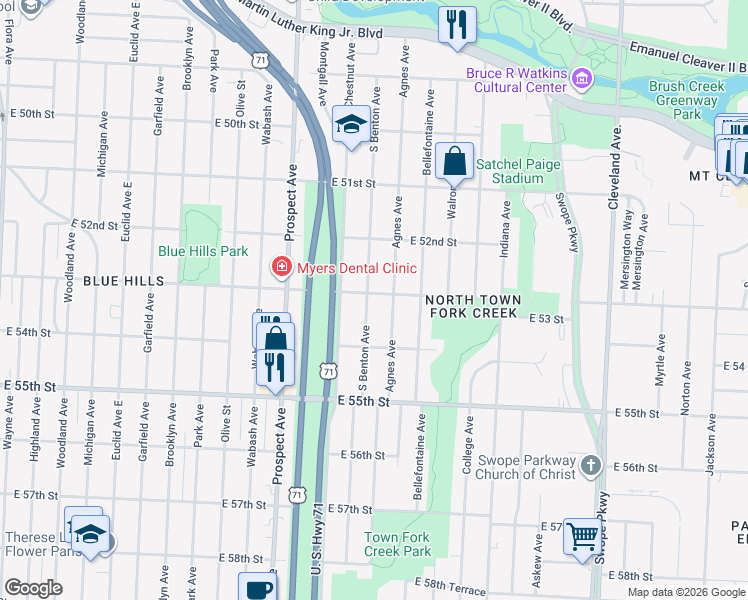 map of restaurants, bars, coffee shops, grocery stores, and more near 2905 East 53rd Street in Kansas City