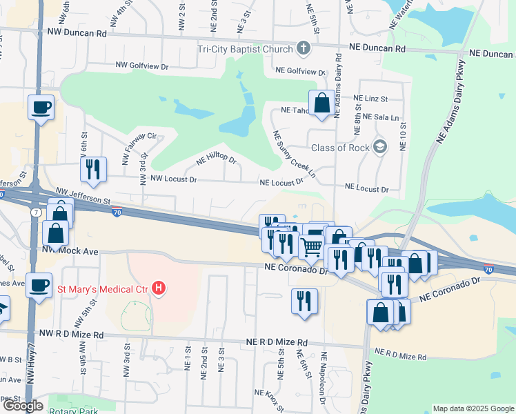 map of restaurants, bars, coffee shops, grocery stores, and more near 408 Northeast Highland Lane in Blue Springs