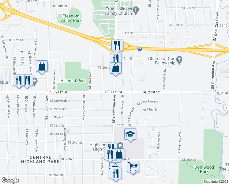 map of restaurants, bars, coffee shops, grocery stores, and more near Southeast California Avenue & Southeast 21st Street in Topeka