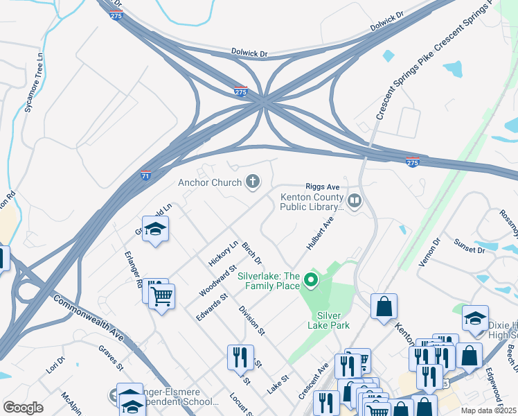 map of restaurants, bars, coffee shops, grocery stores, and more near 3127 Riggs Road in Erlanger