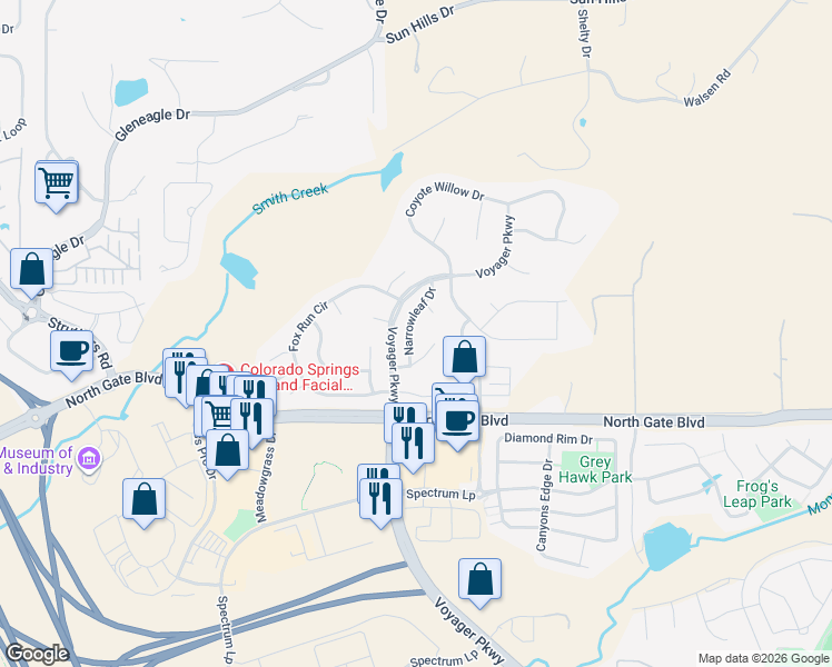 map of restaurants, bars, coffee shops, grocery stores, and more near 13748 Narrowleaf Drive in Colorado Springs
