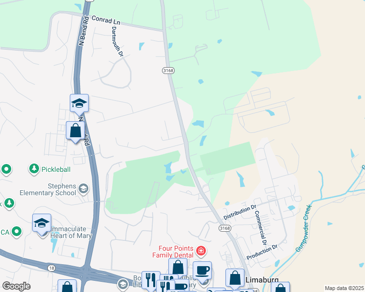 map of restaurants, bars, coffee shops, grocery stores, and more near 1723 Timber Lane in Burlington
