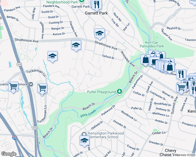 map of restaurants, bars, coffee shops, grocery stores, and more near 10625 Montrose Avenue in Bethesda