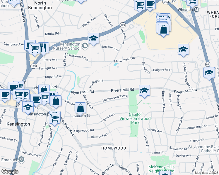 map of restaurants, bars, coffee shops, grocery stores, and more near 3013 Plyers Mill Road in Kensington