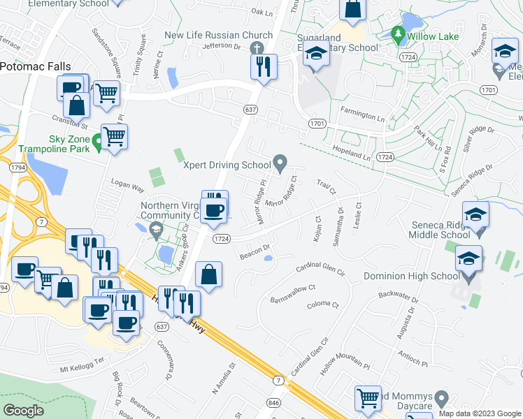 map of restaurants, bars, coffee shops, grocery stores, and more near 46629 Spectrum Way in Sterling