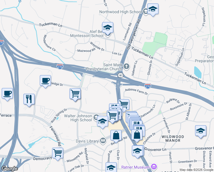map of restaurants, bars, coffee shops, grocery stores, and more near 6413 Rock Forest Drive in Bethesda