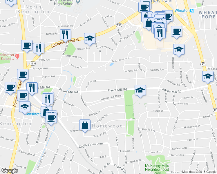 map of restaurants, bars, coffee shops, grocery stores, and more near 3009 Plyers Mill Road in Kensington