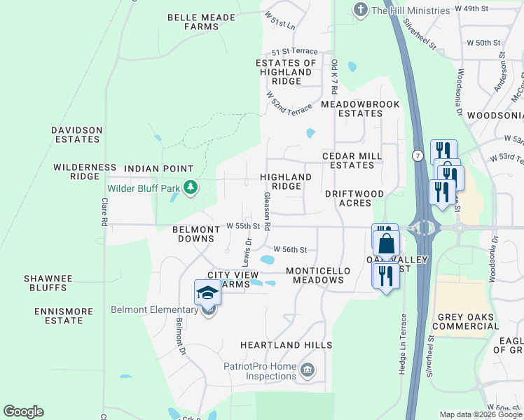 map of restaurants, bars, coffee shops, grocery stores, and more near 5414 Gleason Road in Shawnee