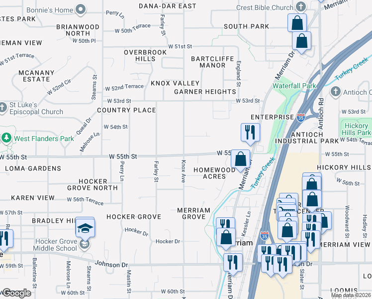 map of restaurants, bars, coffee shops, grocery stores, and more near 9622 West 55th Street in Shawnee