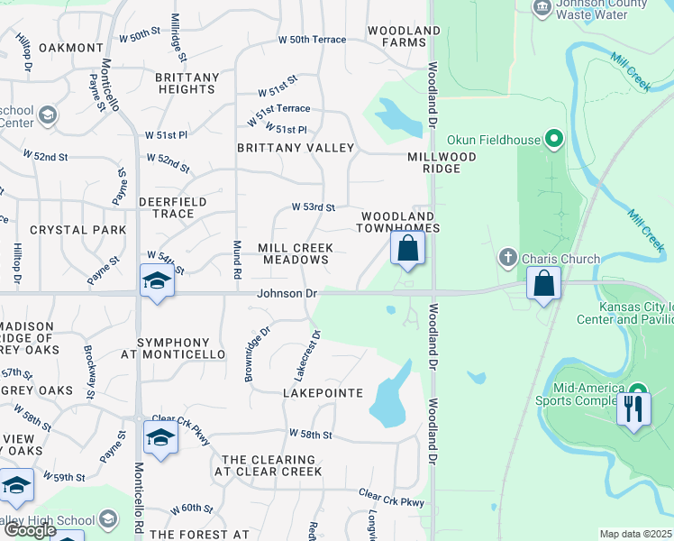 map of restaurants, bars, coffee shops, grocery stores, and more near 5415 Theden Street in Shawnee