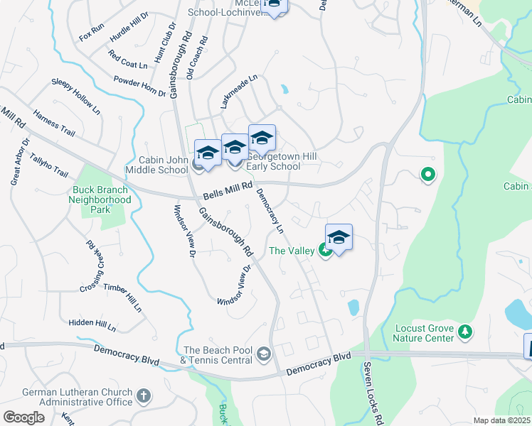 map of restaurants, bars, coffee shops, grocery stores, and more near 10612 Democracy Lane in Potomac