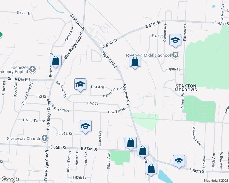 map of restaurants, bars, coffee shops, grocery stores, and more near 9201 East 51 Terrace in Kansas City